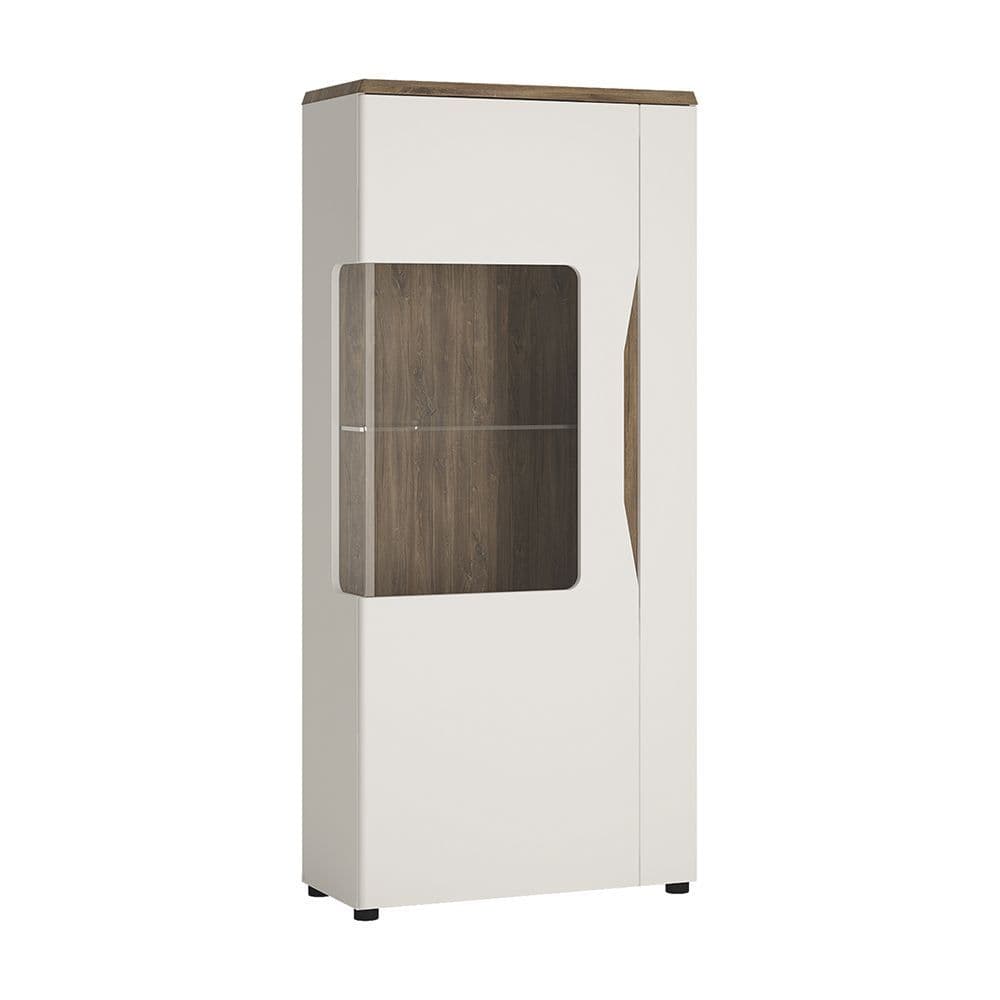 Seville 1 door low display cabinet (LH) in Alpine White with high gloss fronts and Stirling Oak